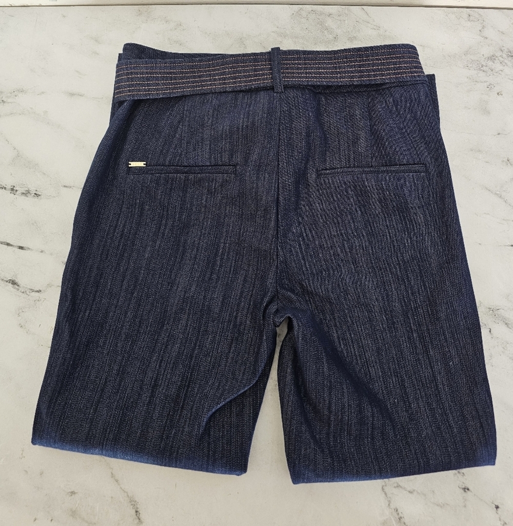 DKNY High Waisted Belted Paperbag Straight Leg Denin Blue Pant Pinstripe 2 - Picture 7 of 9